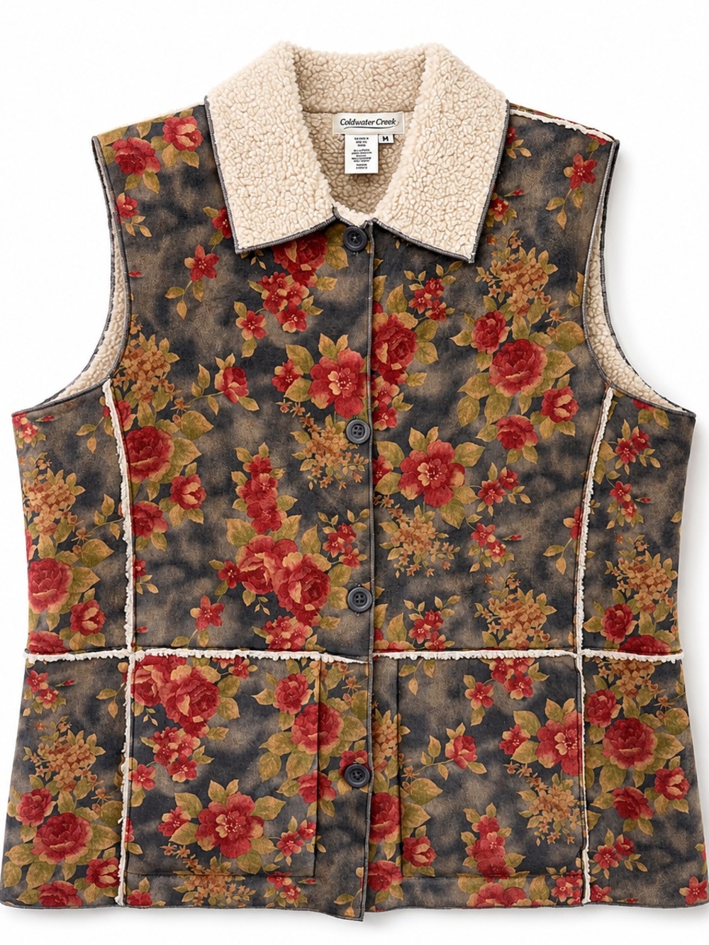 Coldwater Creek Y2K Floral Faux Suede Sherpa Lined Vest Medium Cottagecore